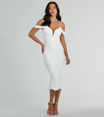 Anika Cold-Shoulder Pearl Mesh Formal Midi Dress