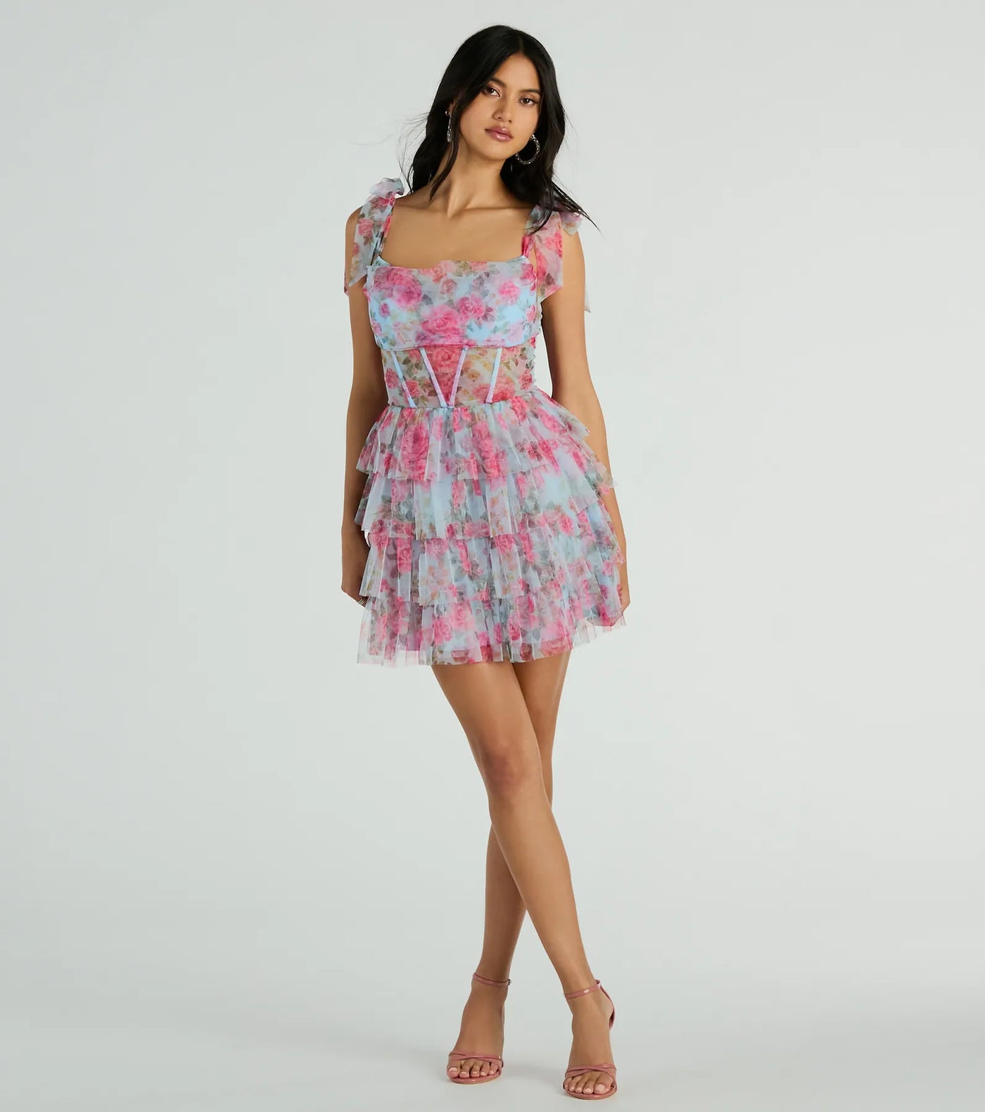 Mandy Corset Ruffle Rose Floral A-Line Party Dress