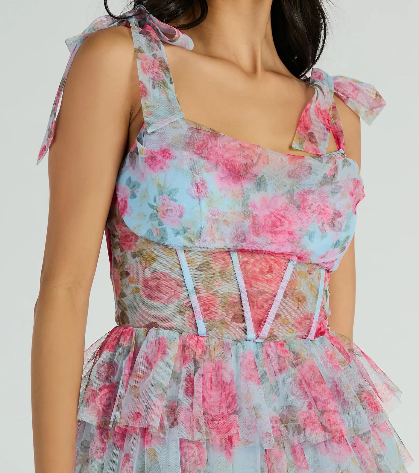 Mandy Corset Ruffle Rose Floral A-Line Party Dress