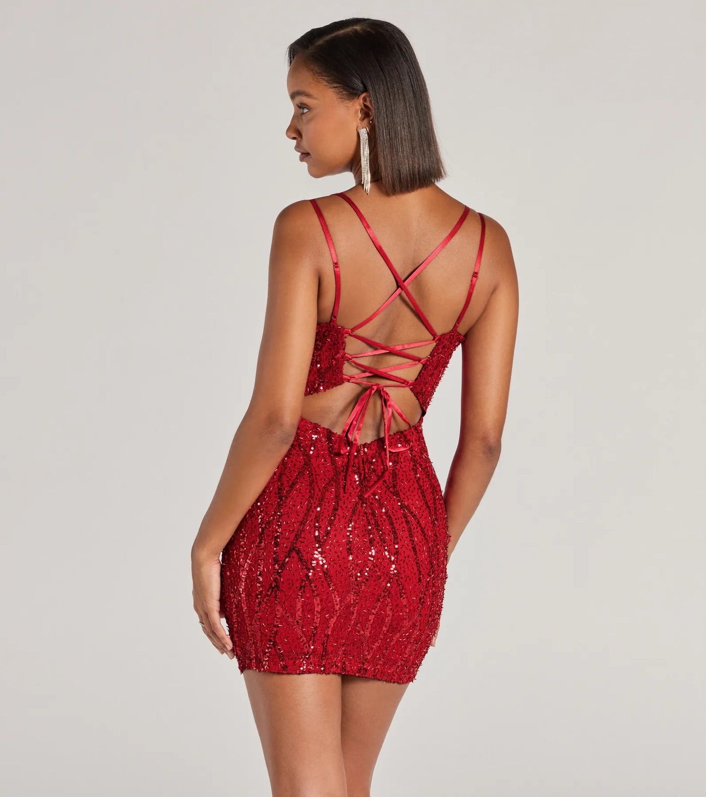 Hartley Lace-Up Sequin Mesh Bodycon Mini Dress