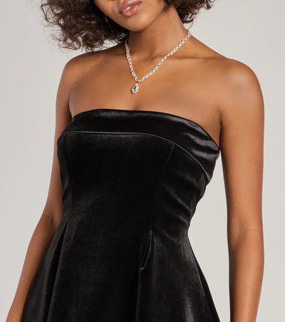 Ella Strapless Pleated Velvet Skater Dress