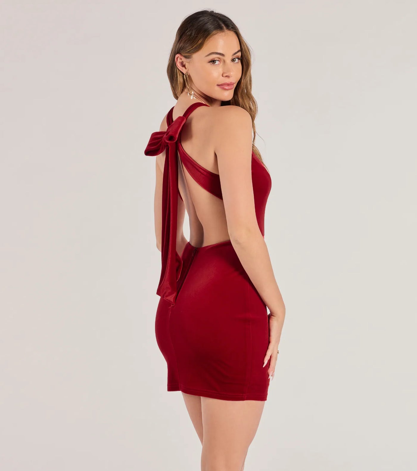 Cailin Velvet Open Back And Bow Mini Dress