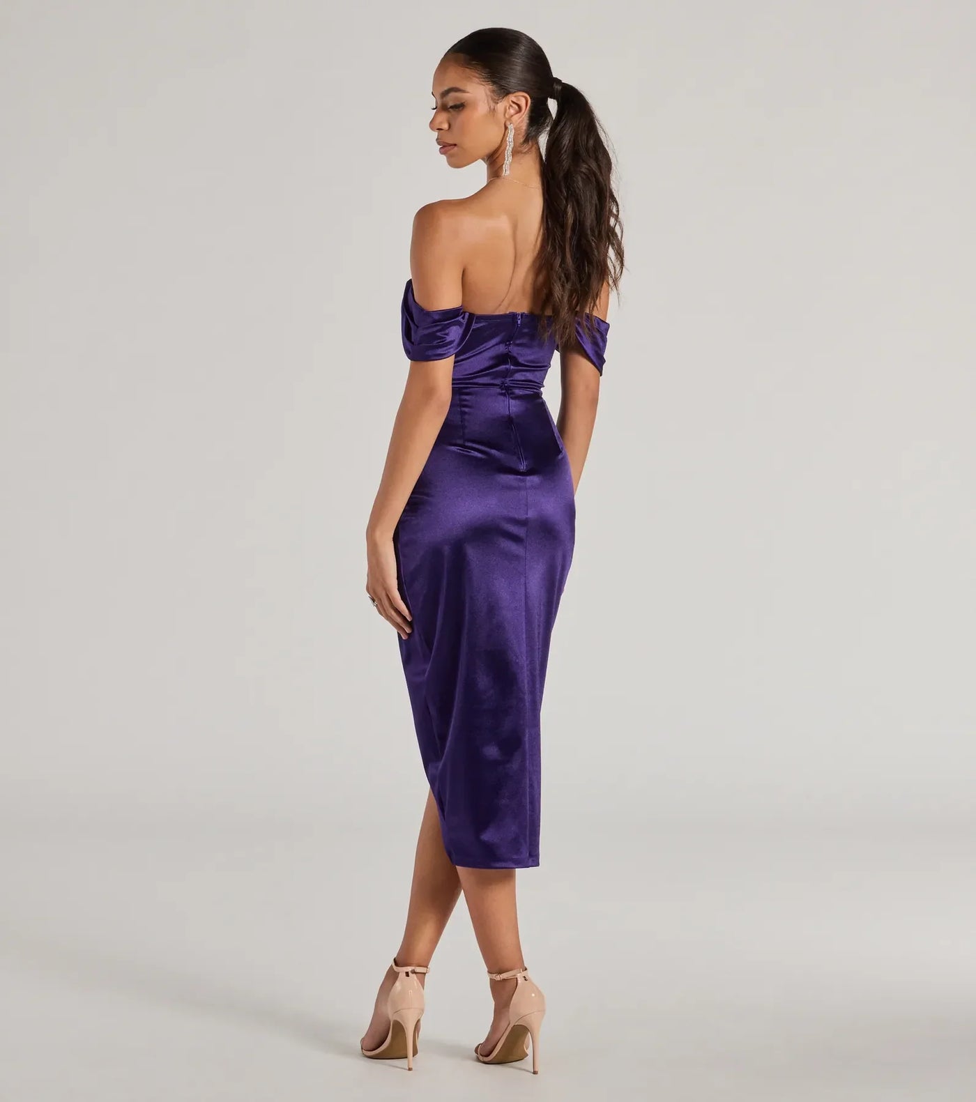 Gaia Satin Off The Shoulder Wrap Midi Dress