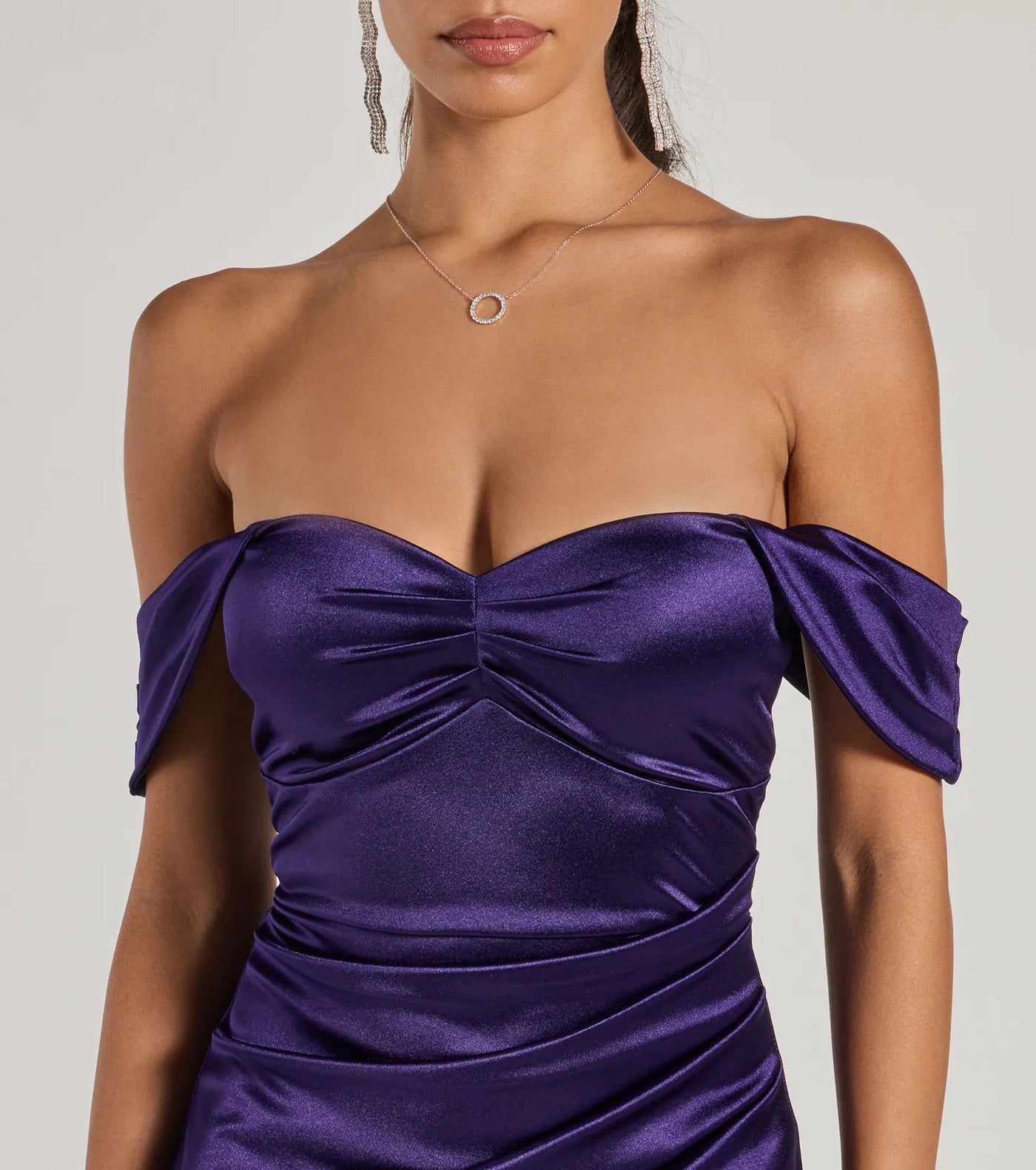 Gaia Satin Off The Shoulder Wrap Midi Dress