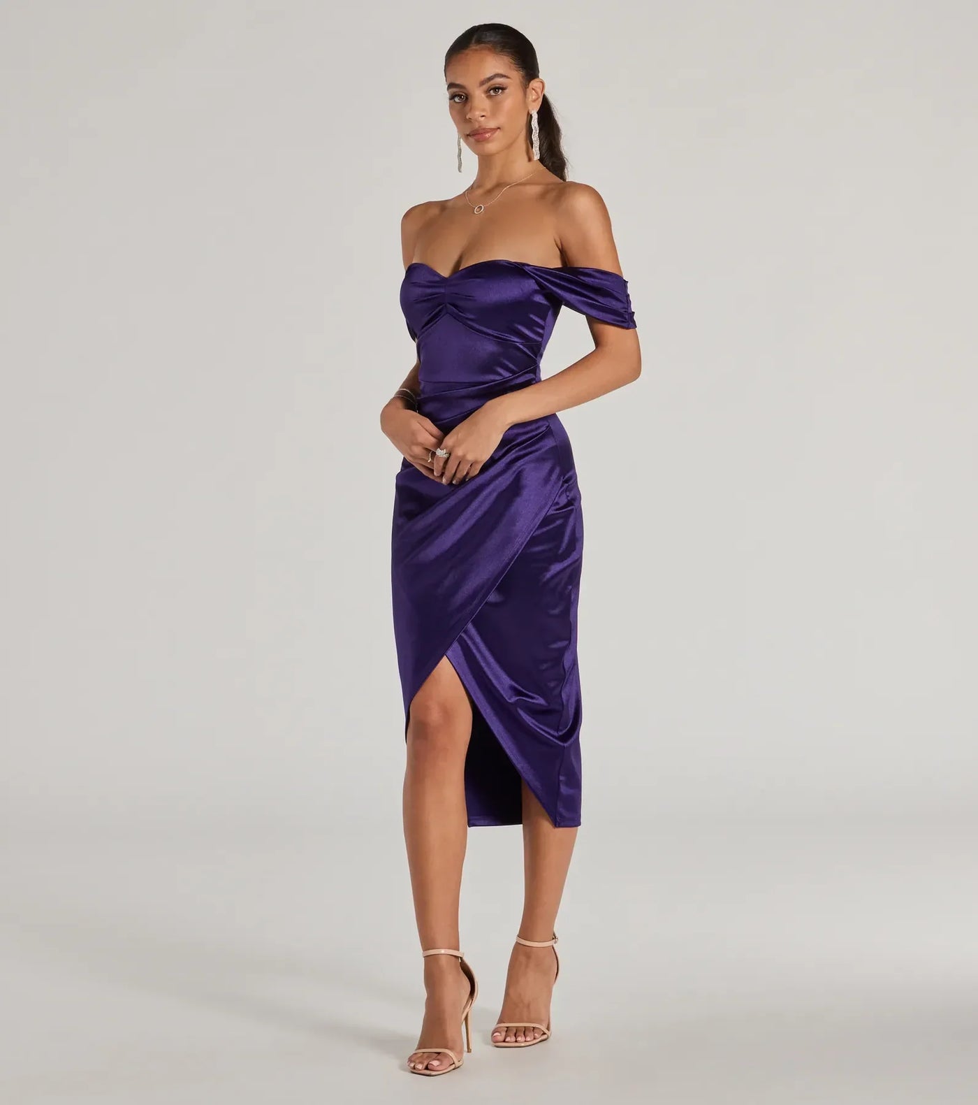 Gaia Satin Off The Shoulder Wrap Midi Dress