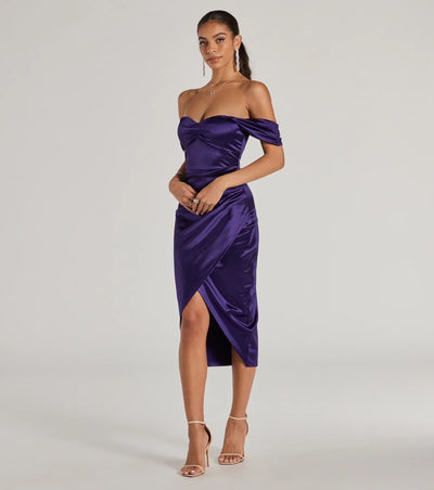 Gaia Satin Off The Shoulder Wrap Midi Dress