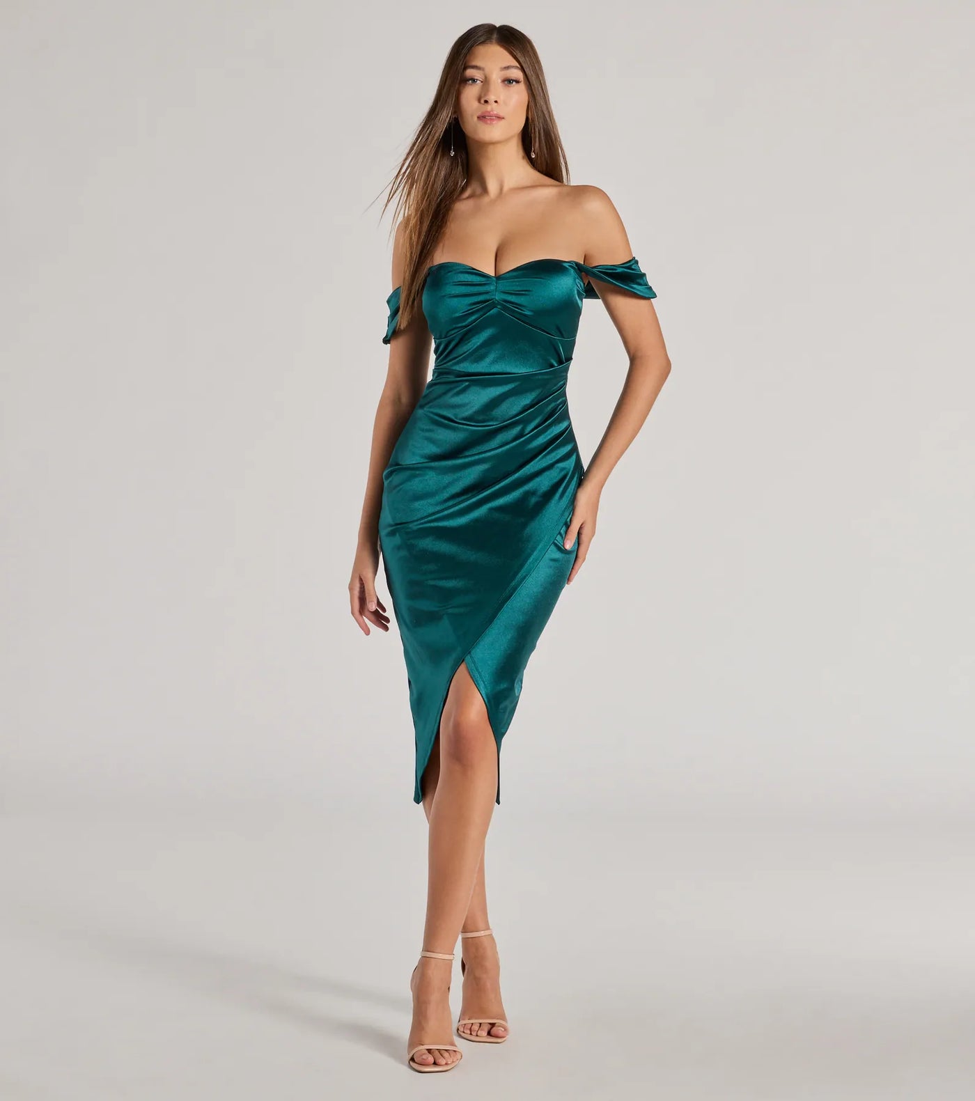 Gaia Satin Off The Shoulder Wrap Midi Dress