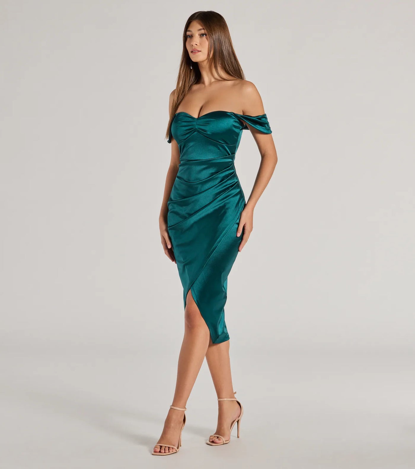 Gaia Satin Off The Shoulder Wrap Midi Dress