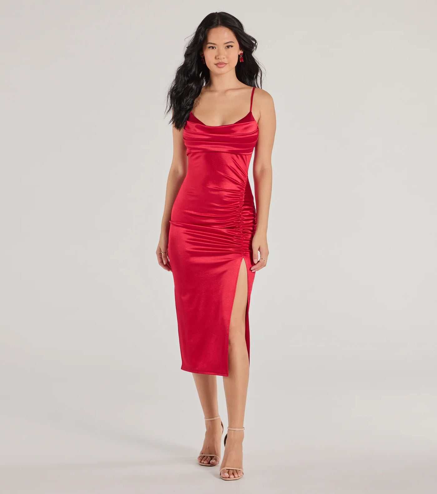 Kristen Formal Satin Cowl Neck Midi Dress