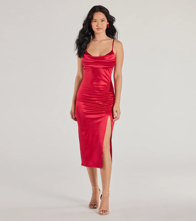 Kristen Formal Satin Cowl Neck Midi Dress