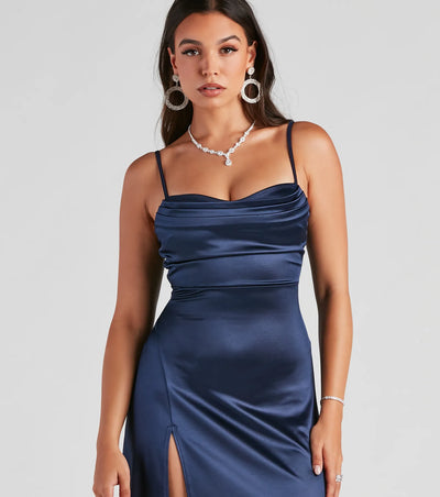 Marissa Formal Satin Cowl Neck Dress