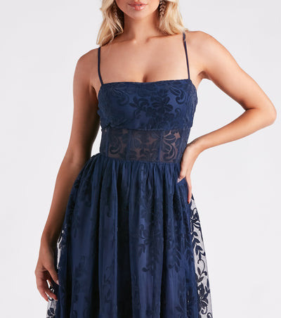 Carmelle Formal Flocked Mesh A-Line Dress