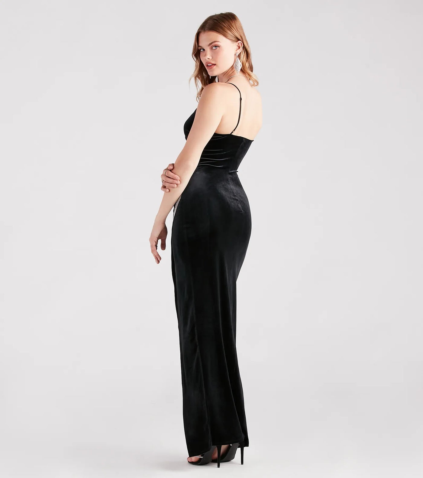 Dina Formal Velvet Rhinestone Slit Dress