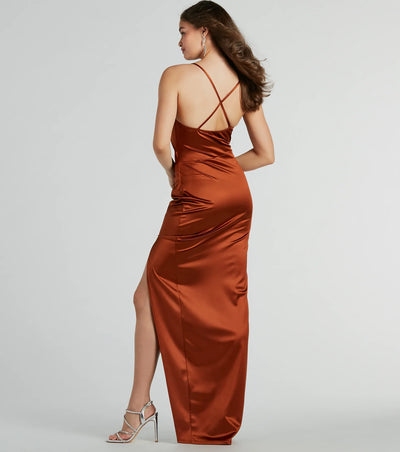 Stella Satin Cowl Neck High Slit Formal Dress