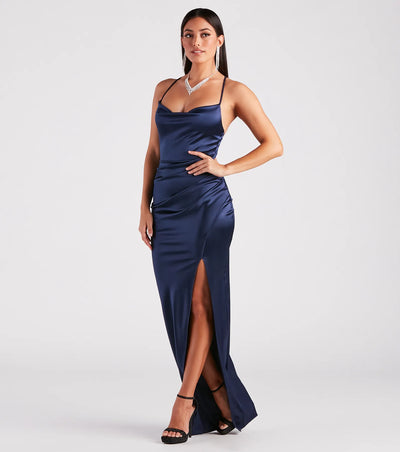 Stella Satin Cowl Neck High Slit Formal Dress