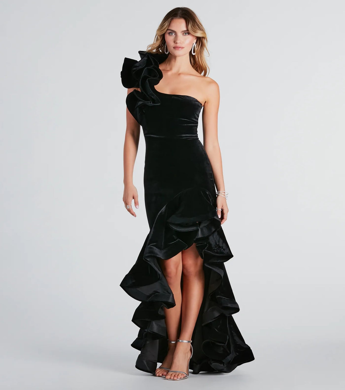 Beatrice Formal Velvet Ruffle High Low Dress