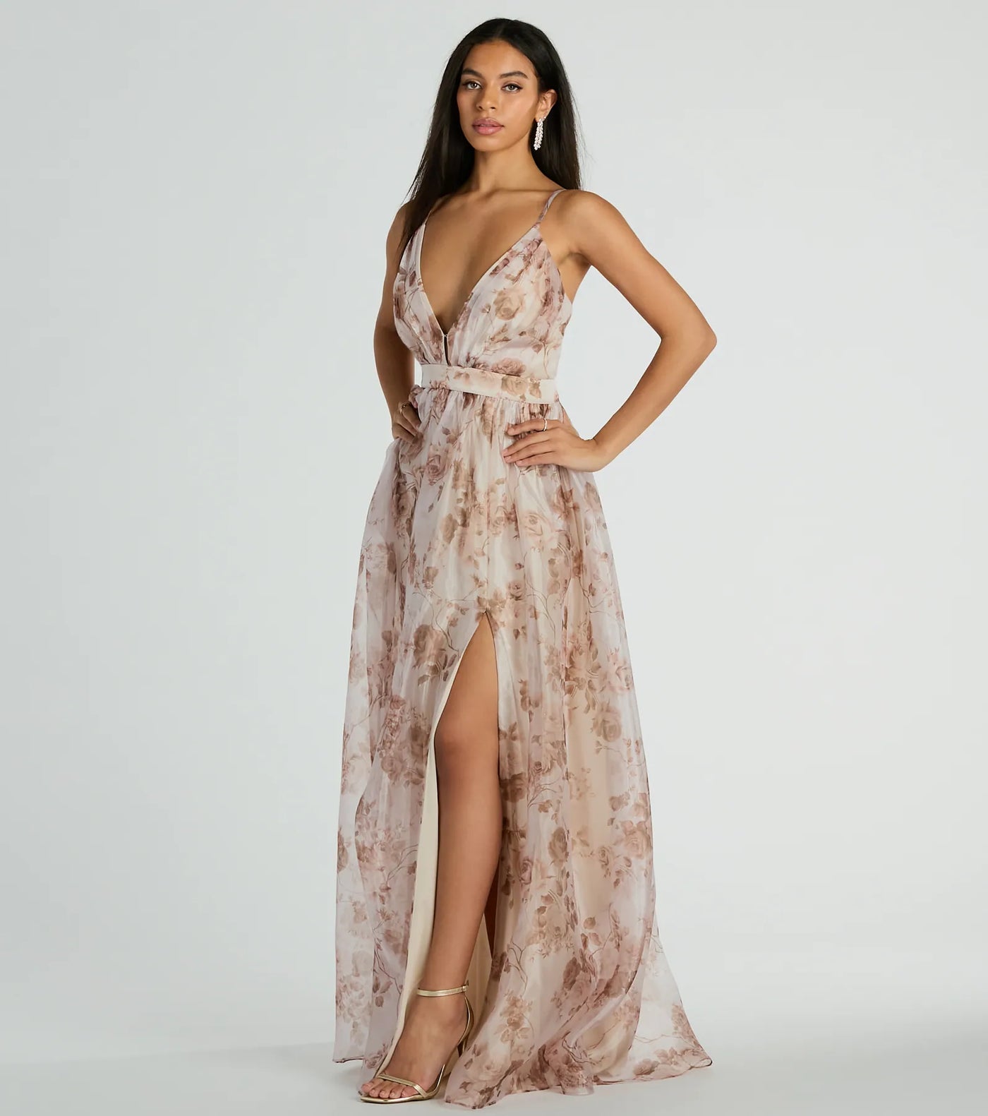 Clarissa V-Neck Rose Floral A-Line Formal Gown