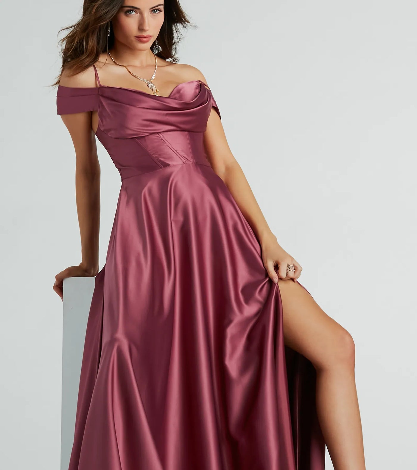 Alira Cold Shoulder A-Line Satin Formal Dress