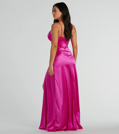 Haley Corset Slit A-Line Satin Formal Dress