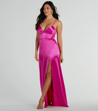 Haley Corset Slit A-Line Satin Formal Dress