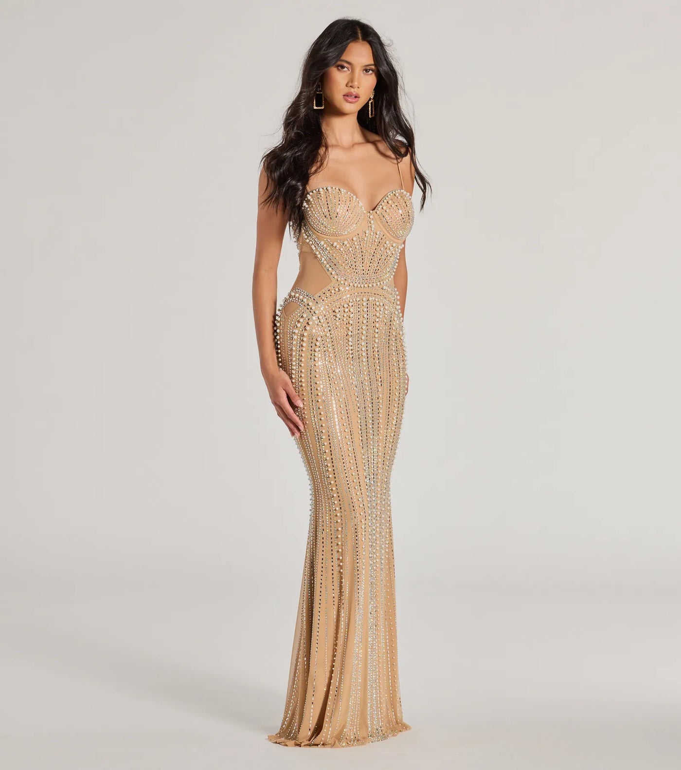 Gianna Rhinestone Pearl Sheer Mesh Formal Dress