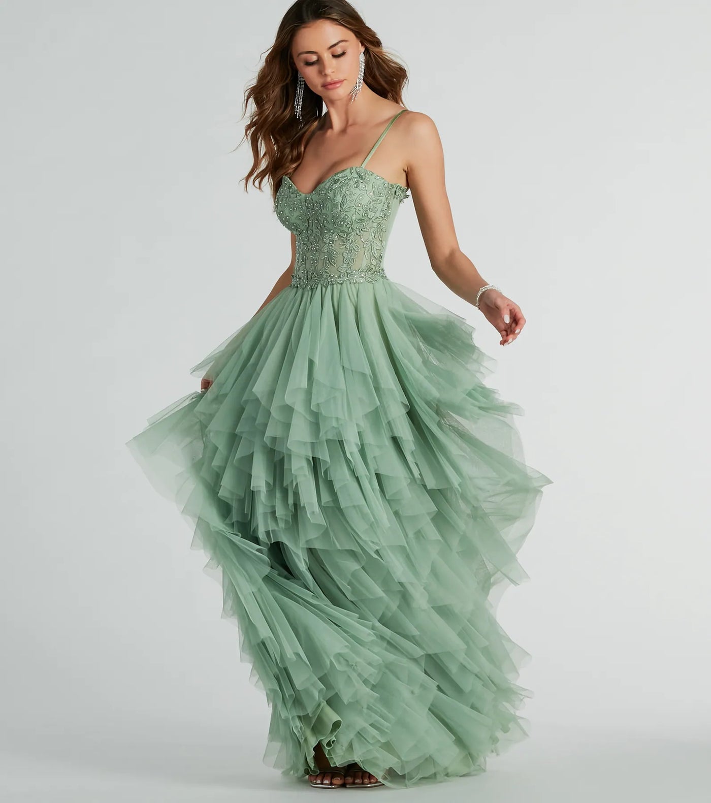 Keyla Floral Applique Tiered Ruffle Tulle Gown