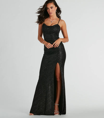 Ashelyn Cowl Neck Glitter Mermaid Formal Dress