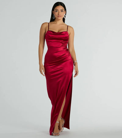 Iliana Cowl Neck High Slit Satin Formal Dress