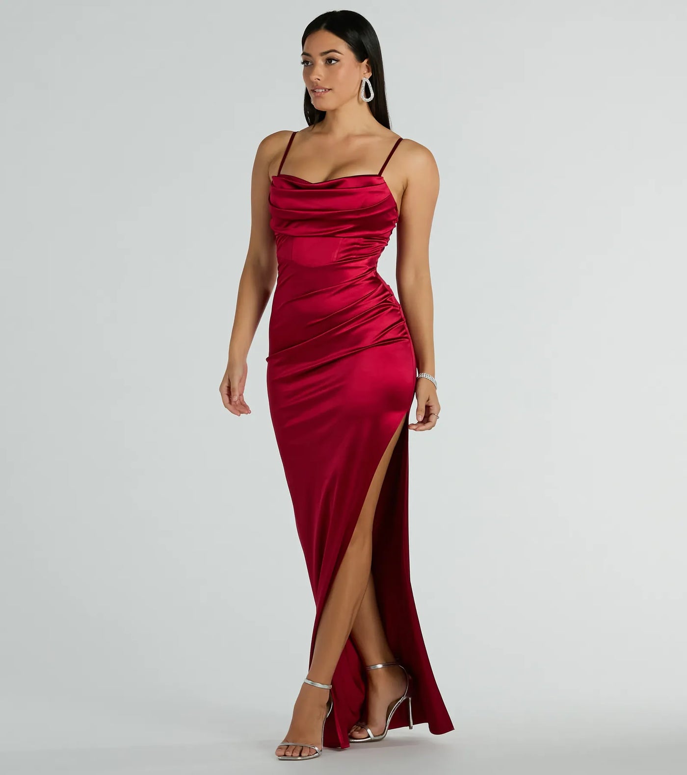 Iliana Cowl Neck High Slit Satin Formal Dress