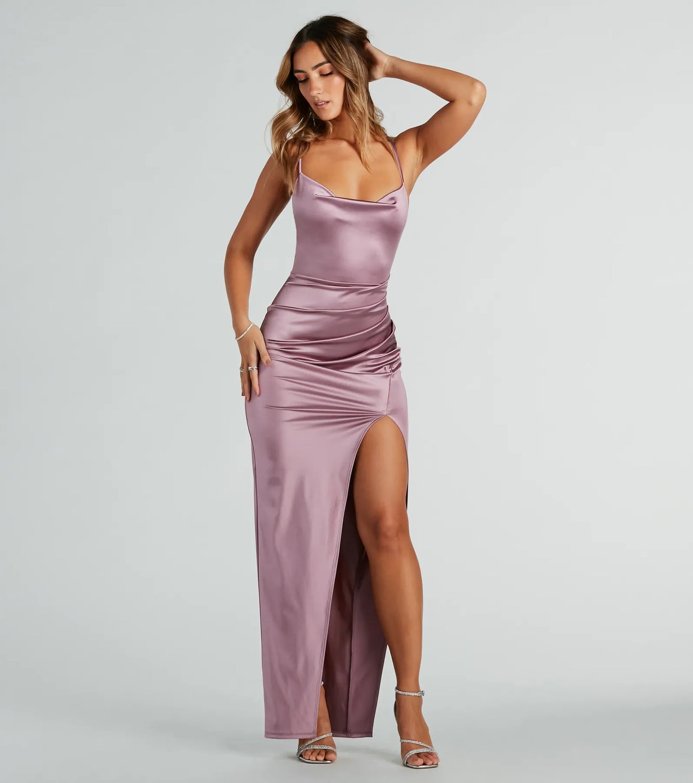 Stella Satin Cowl Neck High Slit Formal Dress