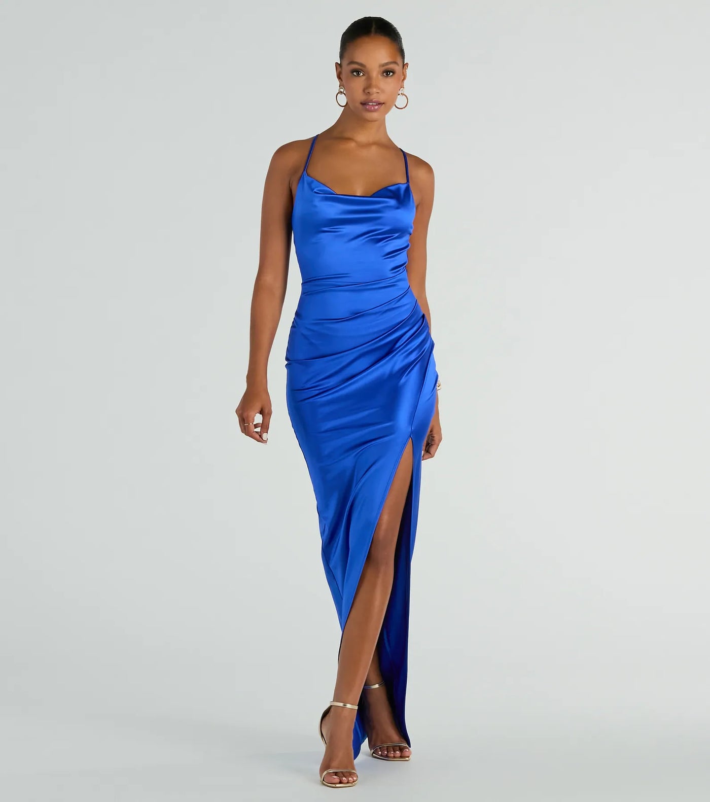 Stella Satin Cowl Neck High Slit Formal Dress