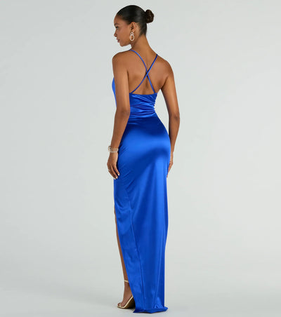 Stella Satin Cowl Neck High Slit Formal Dress