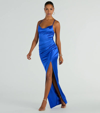 Stella Satin Cowl Neck High Slit Formal Dress