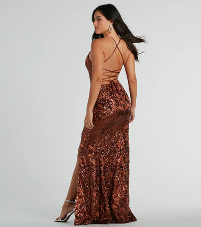 Marisol Lace-Up Mermaid Sequin Satin Formal Dress