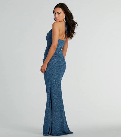 Sevi Halter Mermaid Glitter Formal Dress