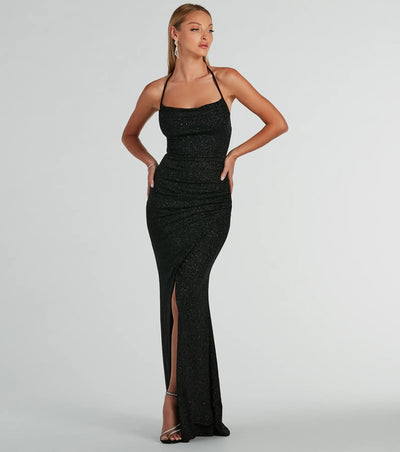 Sevi Halter Mermaid Glitter Formal Dress