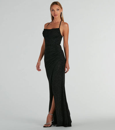 Sevi Halter Mermaid Glitter Formal Dress