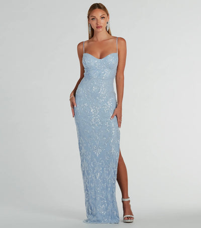 Elaina Bustier Slit Long Sequin Formal Dress