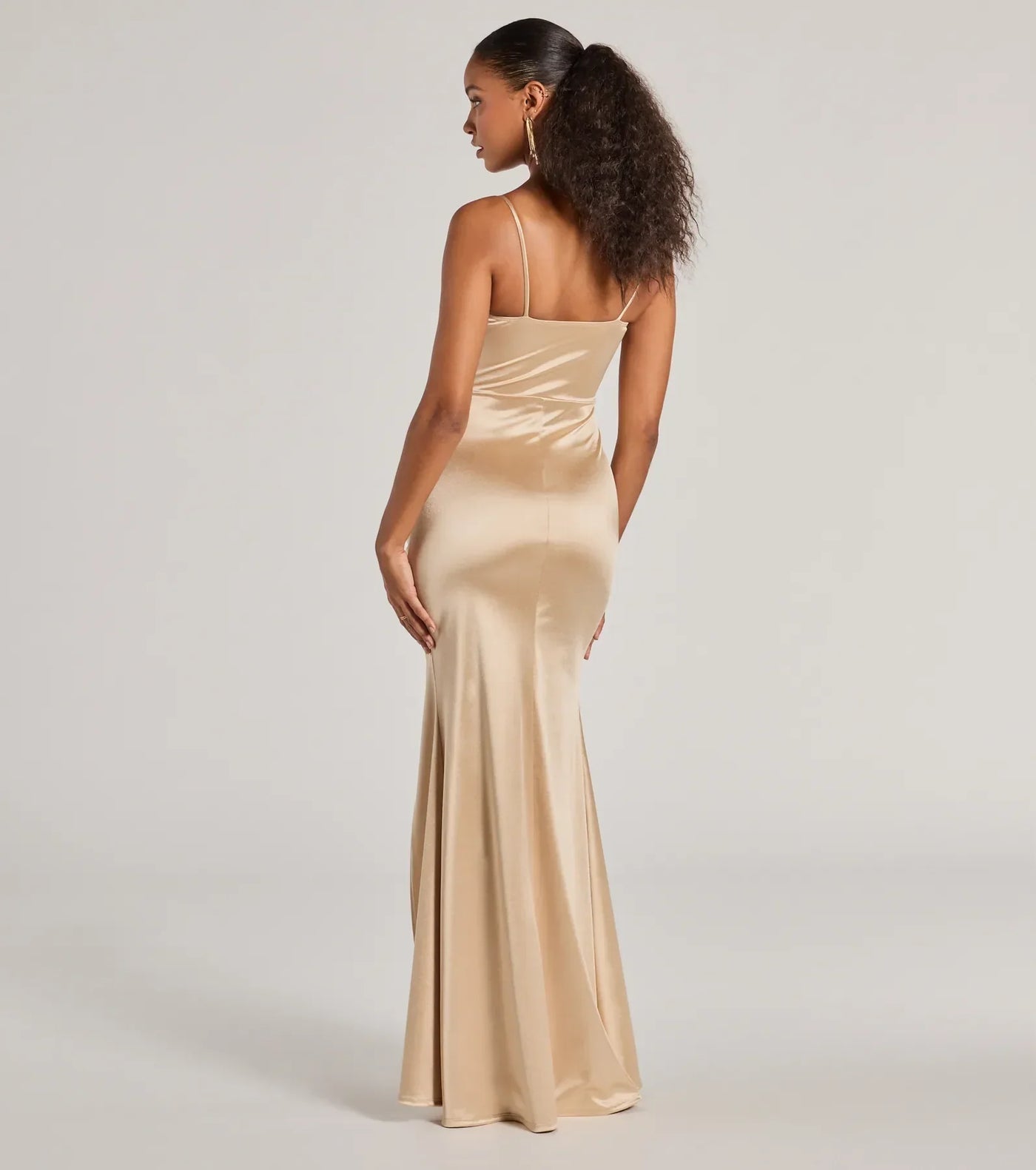 Jazmine Cowl Neck Slit A-Line Satin Formal Dress