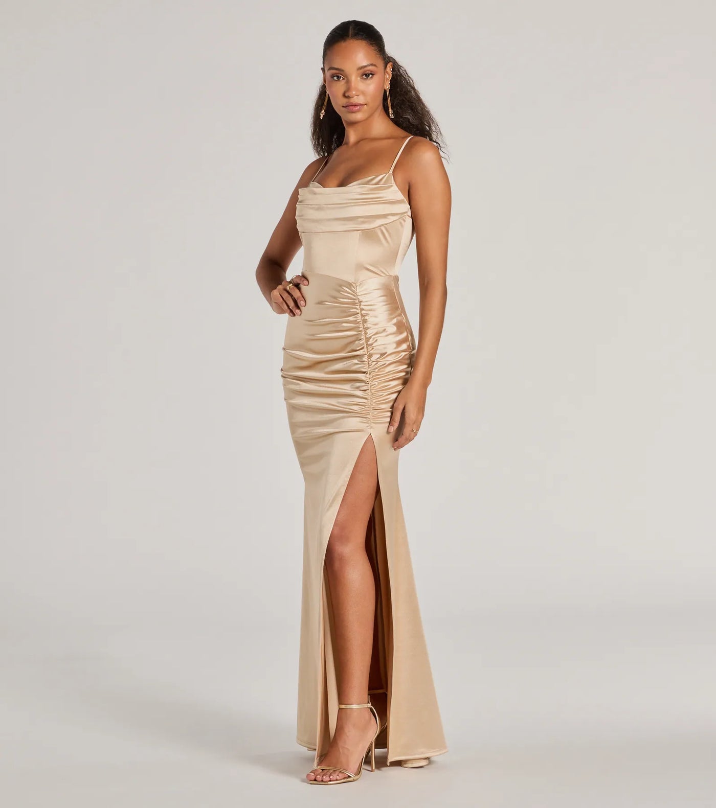 Jazmine Cowl Neck Slit A-Line Satin Formal Dress