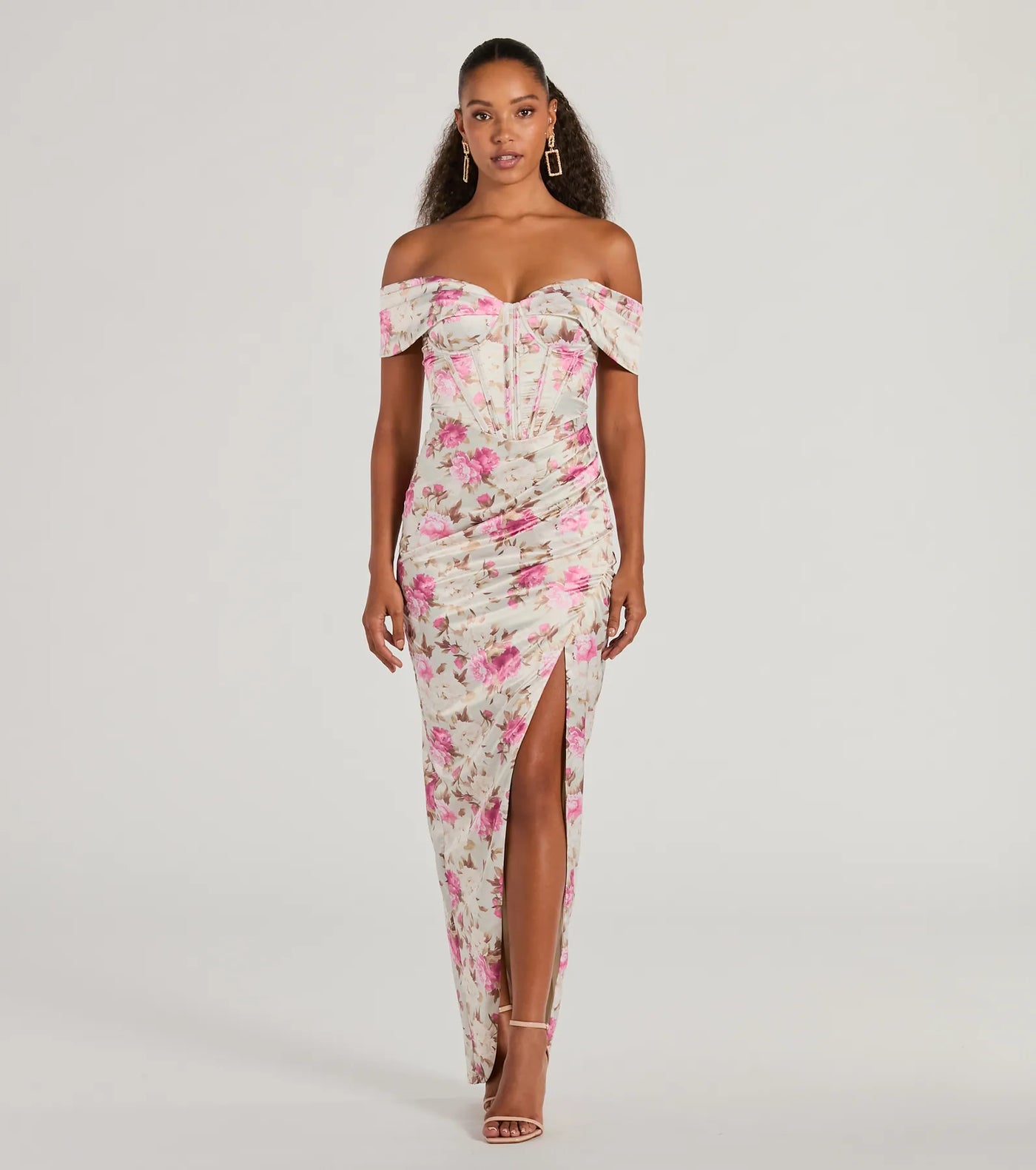 Mildred Off-The-Shoulder Floral Satin Formal Dress