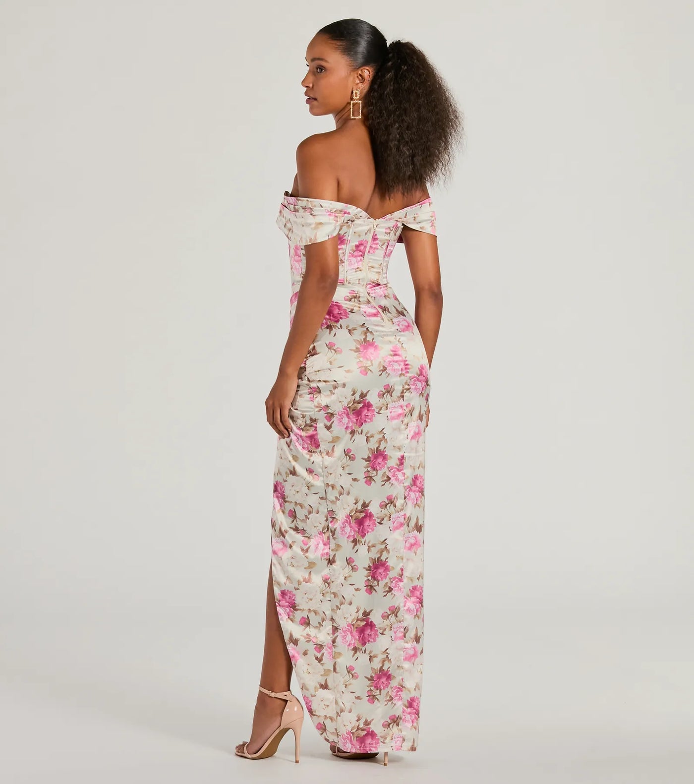 Mildred Off-The-Shoulder Floral Satin Formal Dress