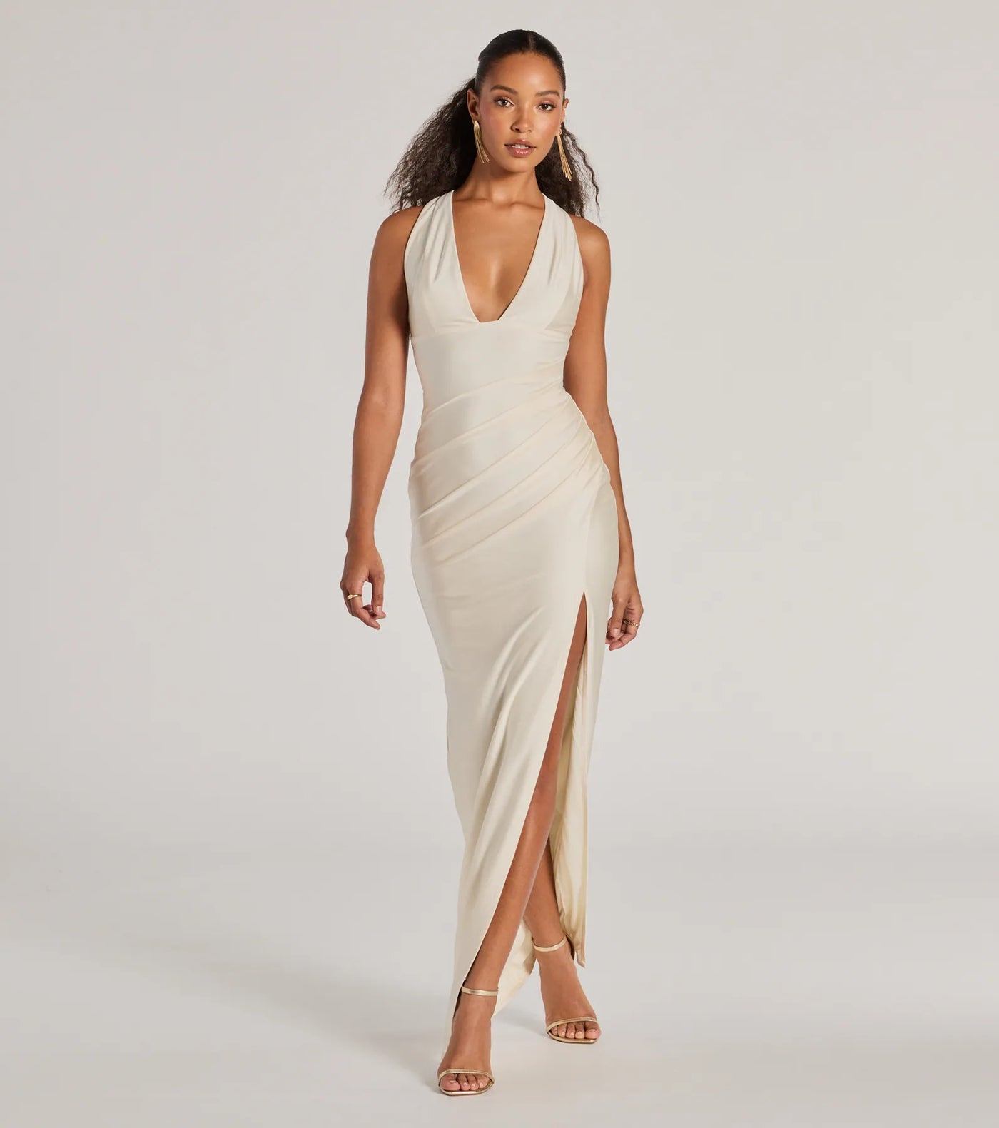 Jenn V-Neck Strappy Back Slit Long Formal Dress