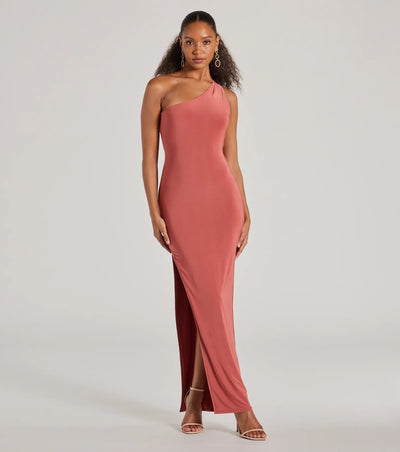 Lilianne One-Shoulder Strappy Back Slit Formal Dress