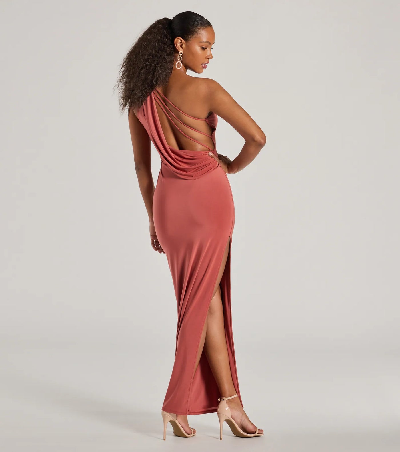 Lilianne One-Shoulder Strappy Back Slit Formal Dress