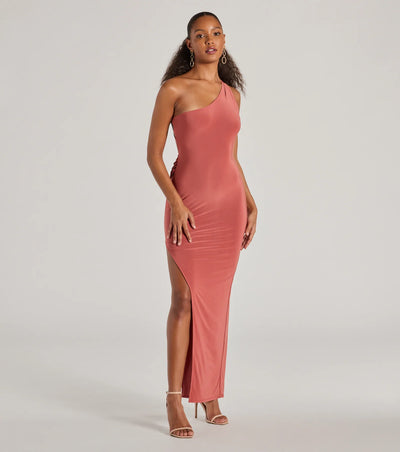 Lilianne One-Shoulder Strappy Back Slit Formal Dress