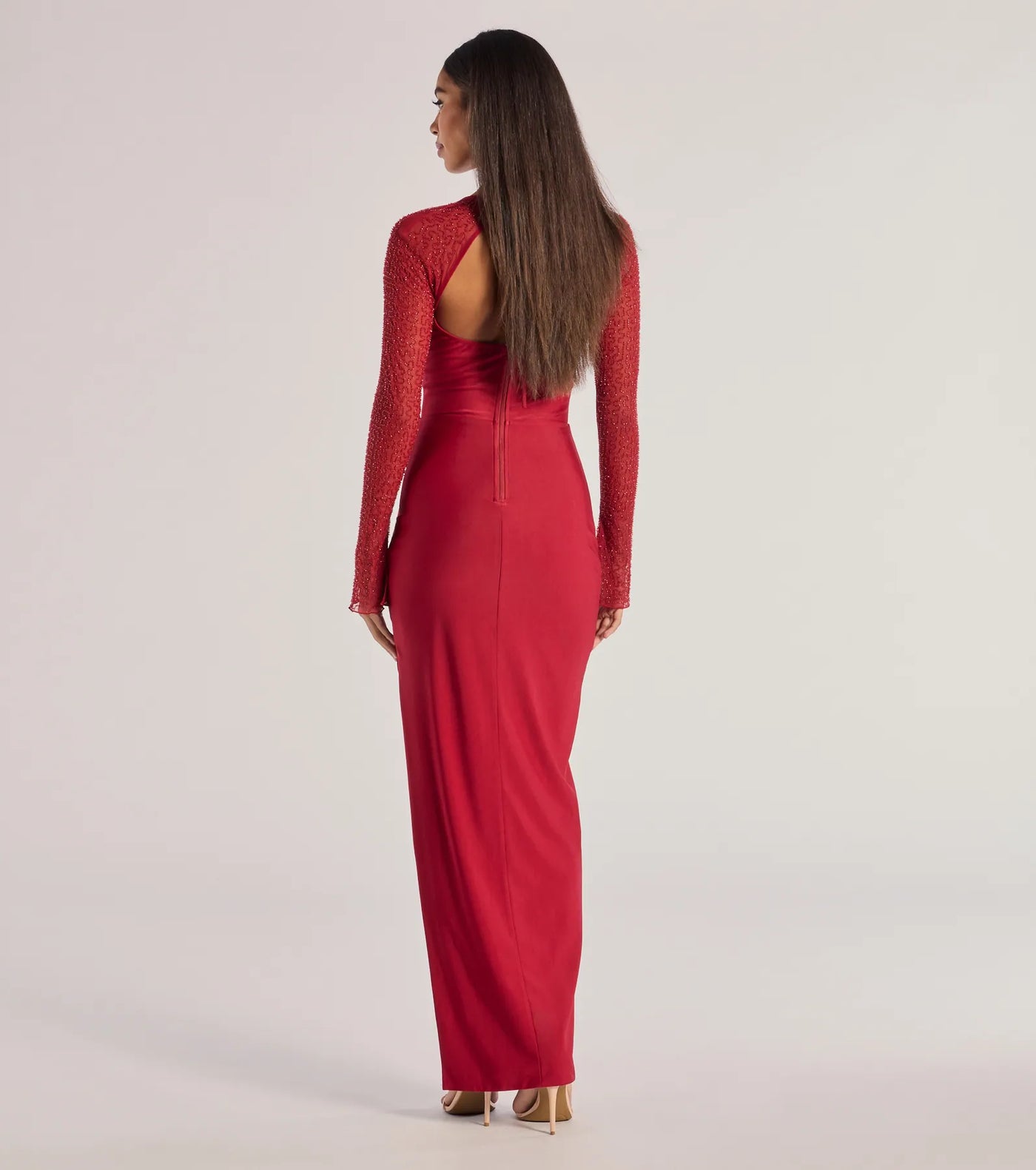 Wren Long Sleeve Beaded High Slit Long Dress