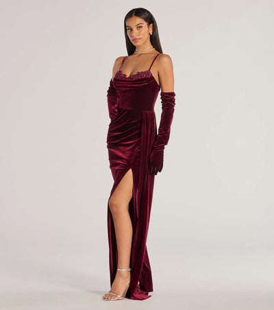 Inez Beaded Applique Velvet Formal Dress With Gloves