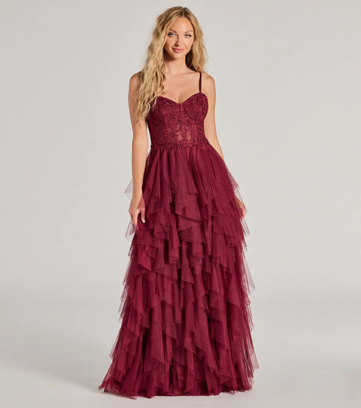 Keyla Floral Applique Tiered Ruffle Tulle Gown