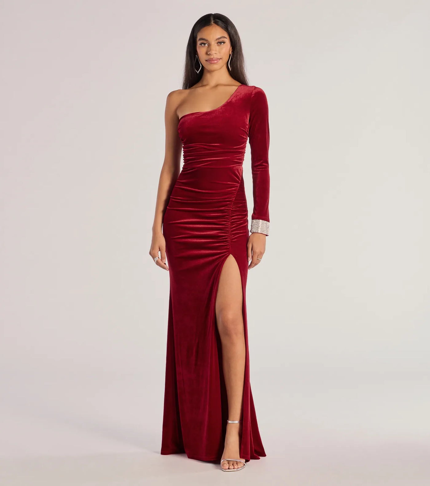 Lyra Velvet One-Shoulder Rhinestone Cuff Mermaid Dress